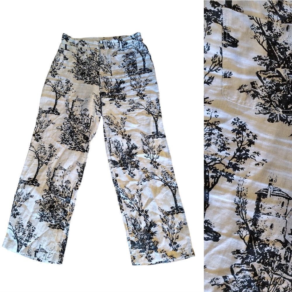Joie White Black Printed 100% Linen High Rise Wide Leg Pants Size 8